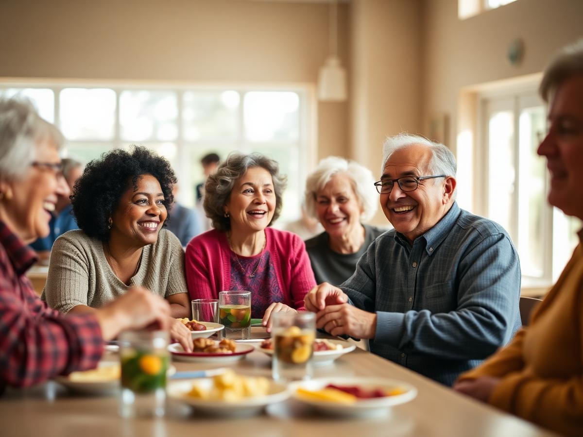 Seniors laughing together over lunch at a community dining site