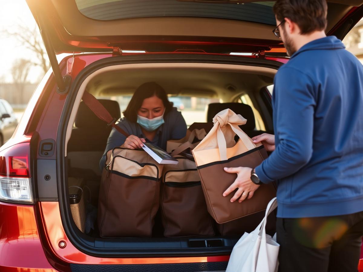 Volunteers loading insulated meal bags into a car